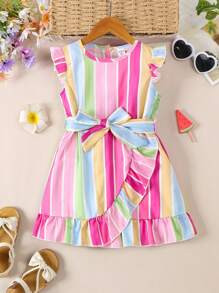 SHEIN Young Girl Ruffle Trimmed Stripe Dress With Accents For A Ladylike Look, Spring-Summer | SHEIN