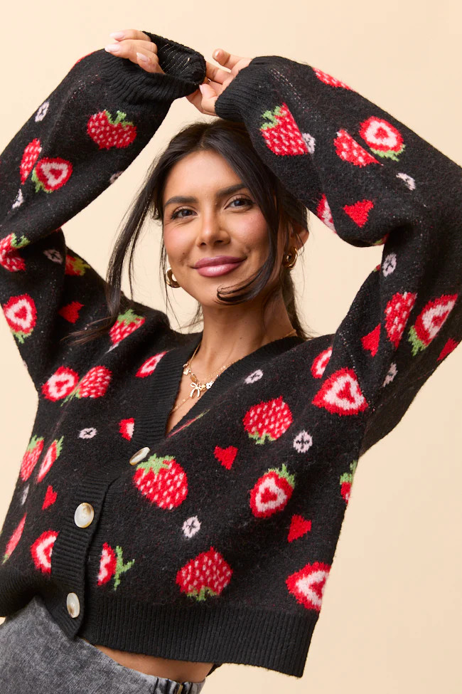 Juniper Long Sleeve Black Strawberry Cardigan | Pink Lily