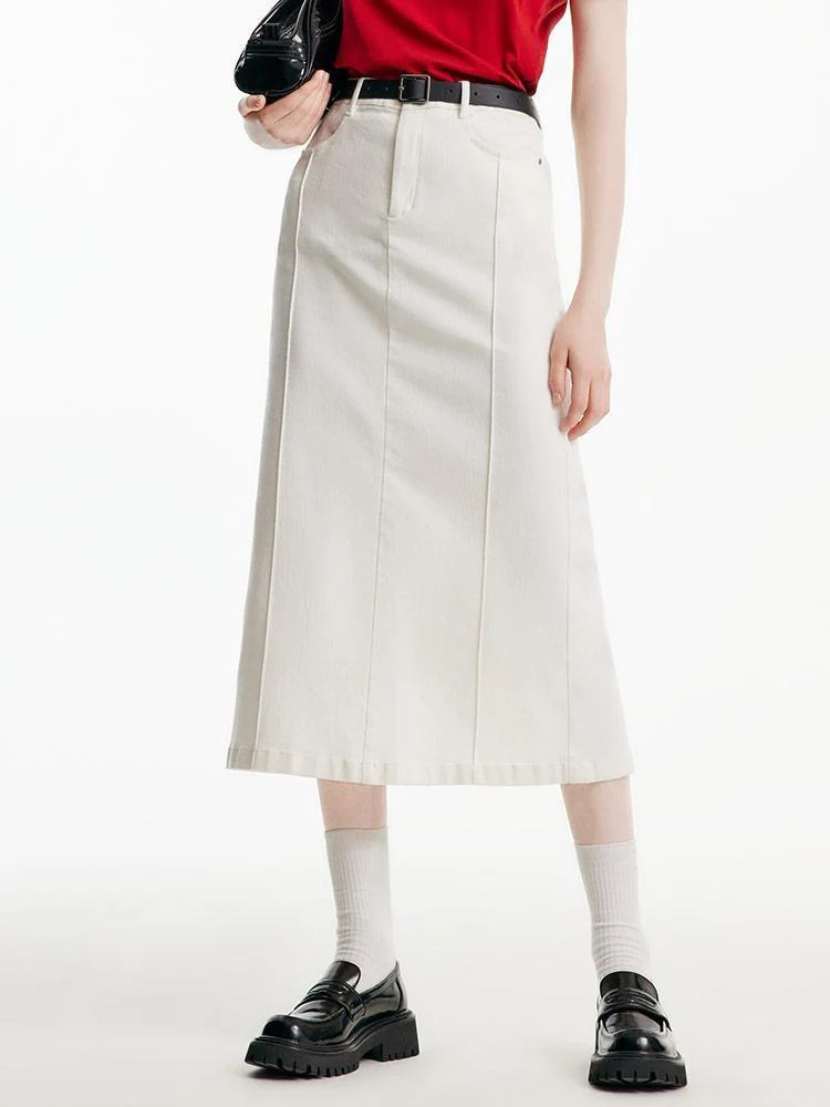 Split White Denim Long Skirt With Belt | GOELIA
