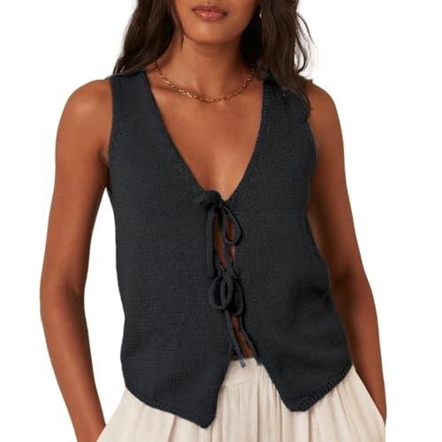 Women Sleeveless Knit Vest Top V Neck Open Front Tie Up Crochet Crop Top Casual Vintage Y2k Sweater Vest (Black, S) | Amazon (US)