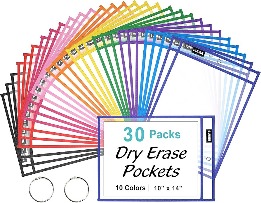 SUNEE 30 Packs Oversized Reusable Dry Erase Pocket Sleeves with 2 Rings, 10 Assorted Colors 10x14... | Amazon (US)