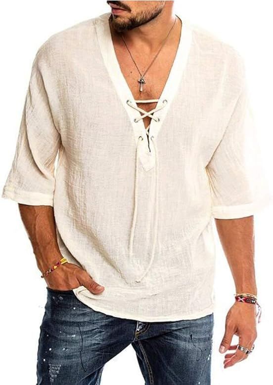 Mens Linen T-Shirt Casual V Neck Cotton Linen Half Sleeve Drawstring Tee Hippie Shirts Holiday Tops | Amazon (US)