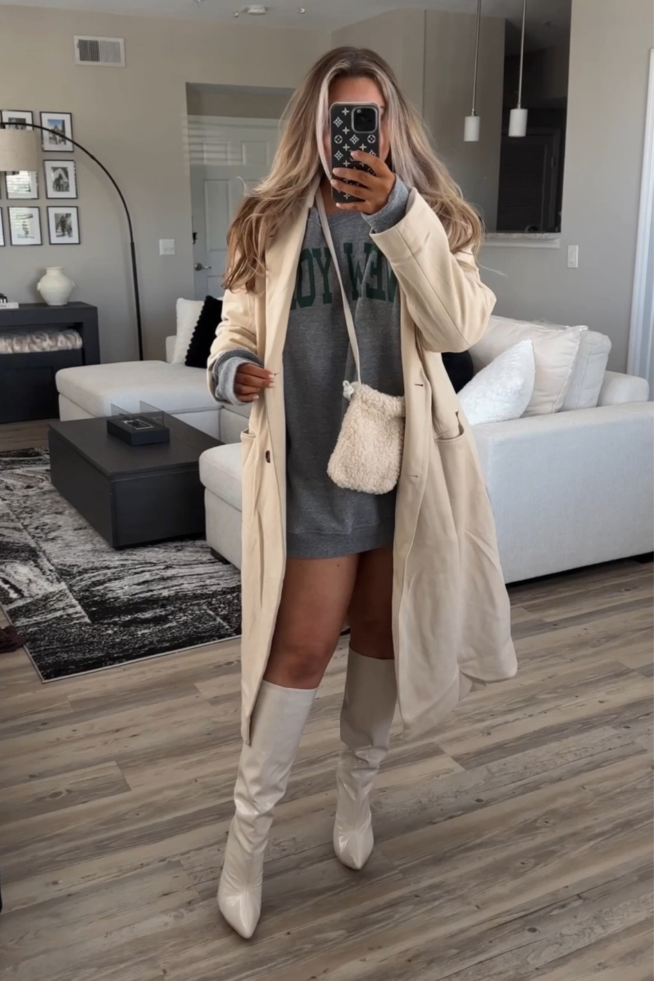 Fall outfit idea. Styling a sweater dress.
Crew sweater: XL
Coat: L

#falloutfit
#casualoutfit 

#LTKstyletip #LTKmidsize