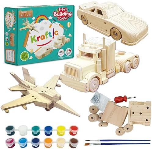 Kraftic Woodworking Building Kit for Kids and Adults, 3 Educational DIY Carpentry Construction Wo... | Amazon (US)