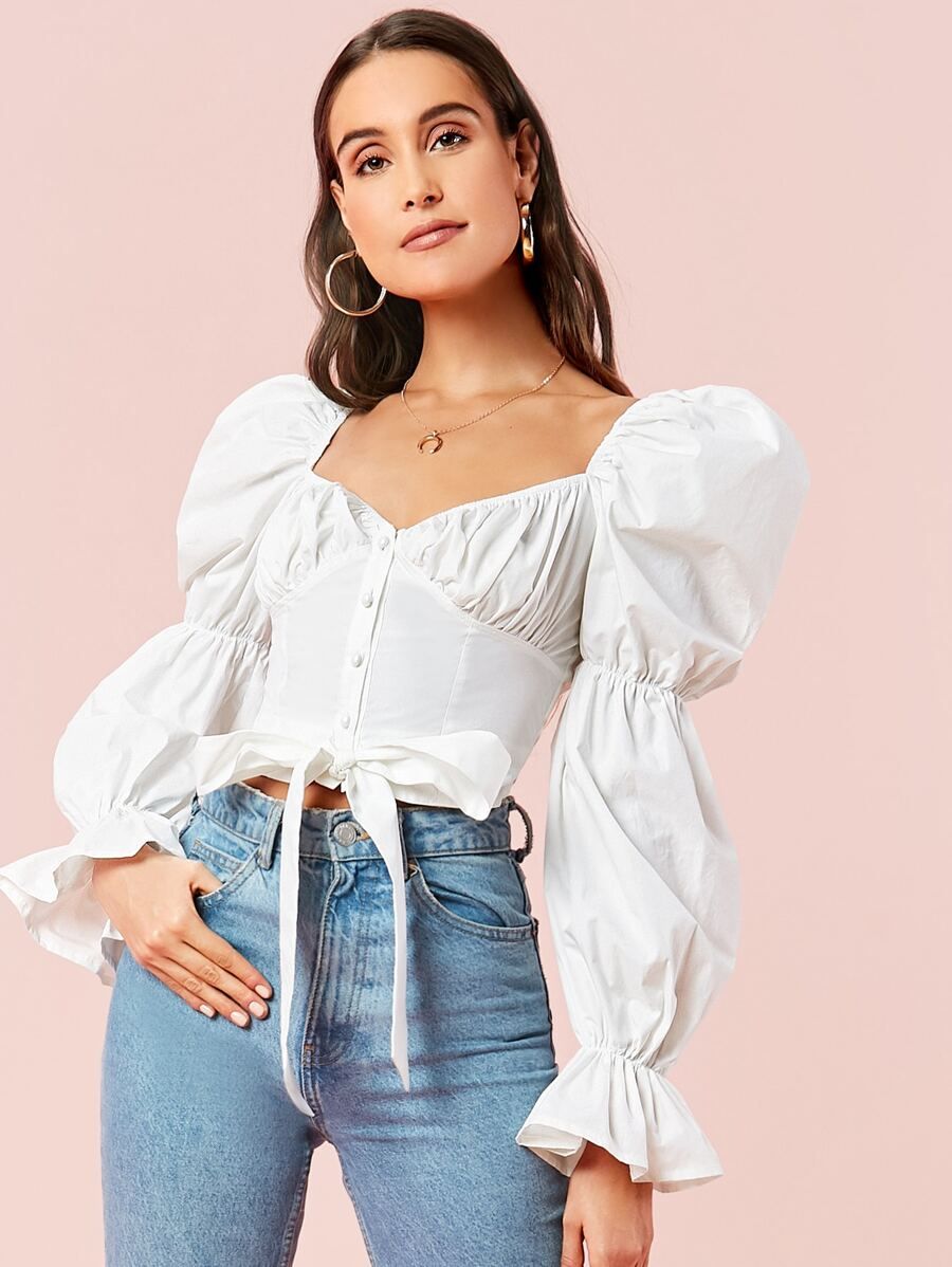 Branco Plissado Simples Boho Blusas | SHEIN