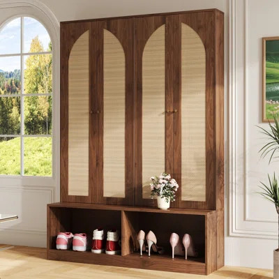 Farmhouse 4-In-1 Hall Tree With Rattan Doors And Storage Bench | Wayfair North America