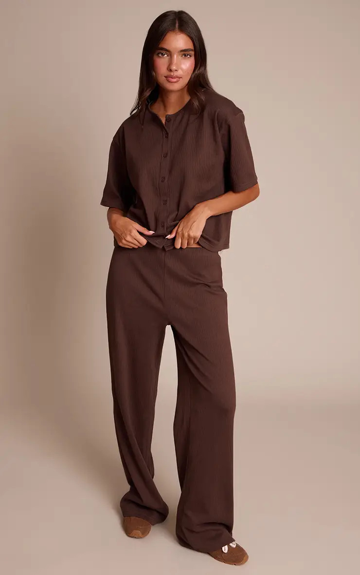 Brown Rib Button Up Top Co-ord | PrettyLittleThing UK