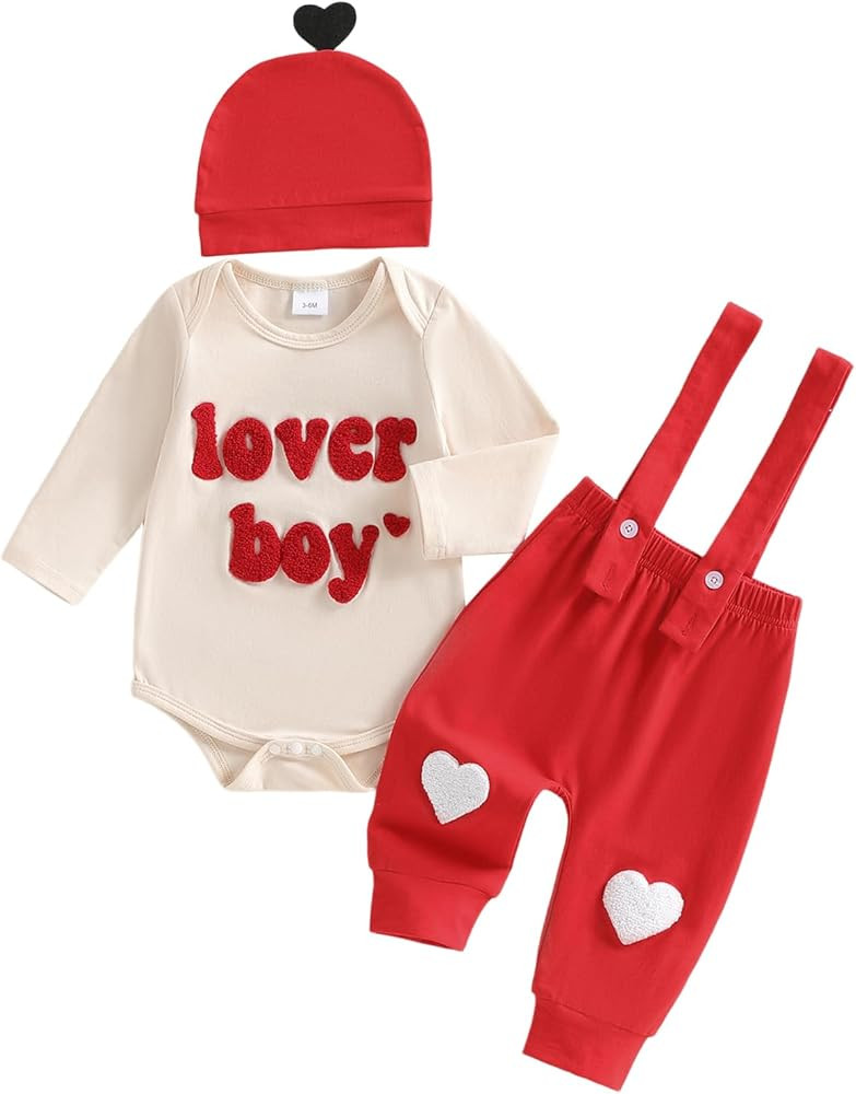 Newborn Baby Boy Valentine's Day Outfit Lover Boy Romper Bodysuit Jumpsuit Suspender Pants Set Ha... | Amazon (US)