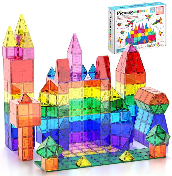 PicassoTiles 60 Piece Set 60pcs Magnet Building Tiles Clear Magnetic 3D Blocks Construction Playb... | Amazon (US)