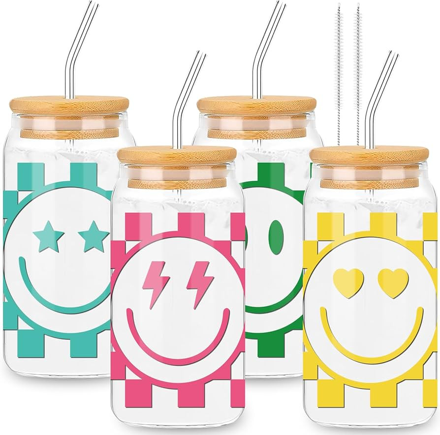 Whaline 4 Pack Preppy Checkered Glasses Cups Happy Face Drinking Glasses 16oz Ice Coffee with Bam... | Amazon (US)