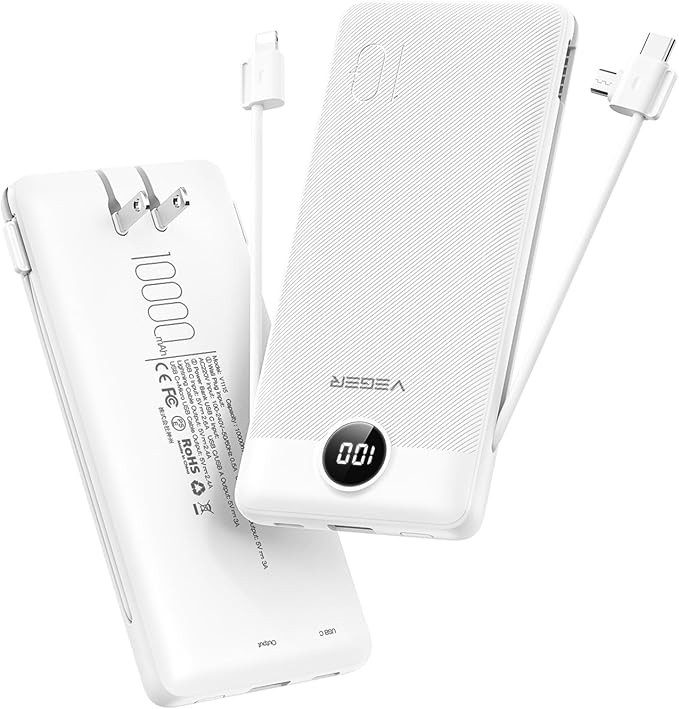 VEGER Portable Charger for iPhone Built in Cables and Wall Plug, 10000mah Slim Fast Charging USB ... | Amazon (CA)