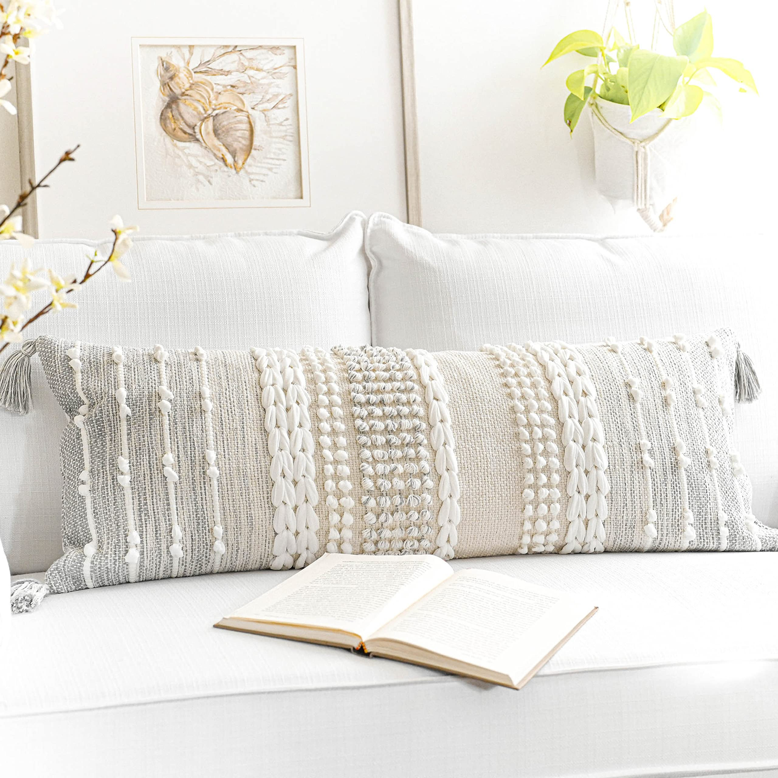 BlissBlush Gray Decorative Lumbar Pillow Cover 14x36, Boho Long Throw Pillow for Bed, Accent Lumb... | Amazon (US)