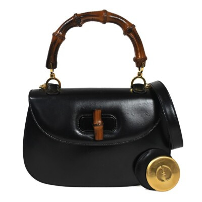 GUCCI Logo Bamboo 2Way Shoulder Hand Bag Leather Black Gold Italy 05GA403 | eBay US