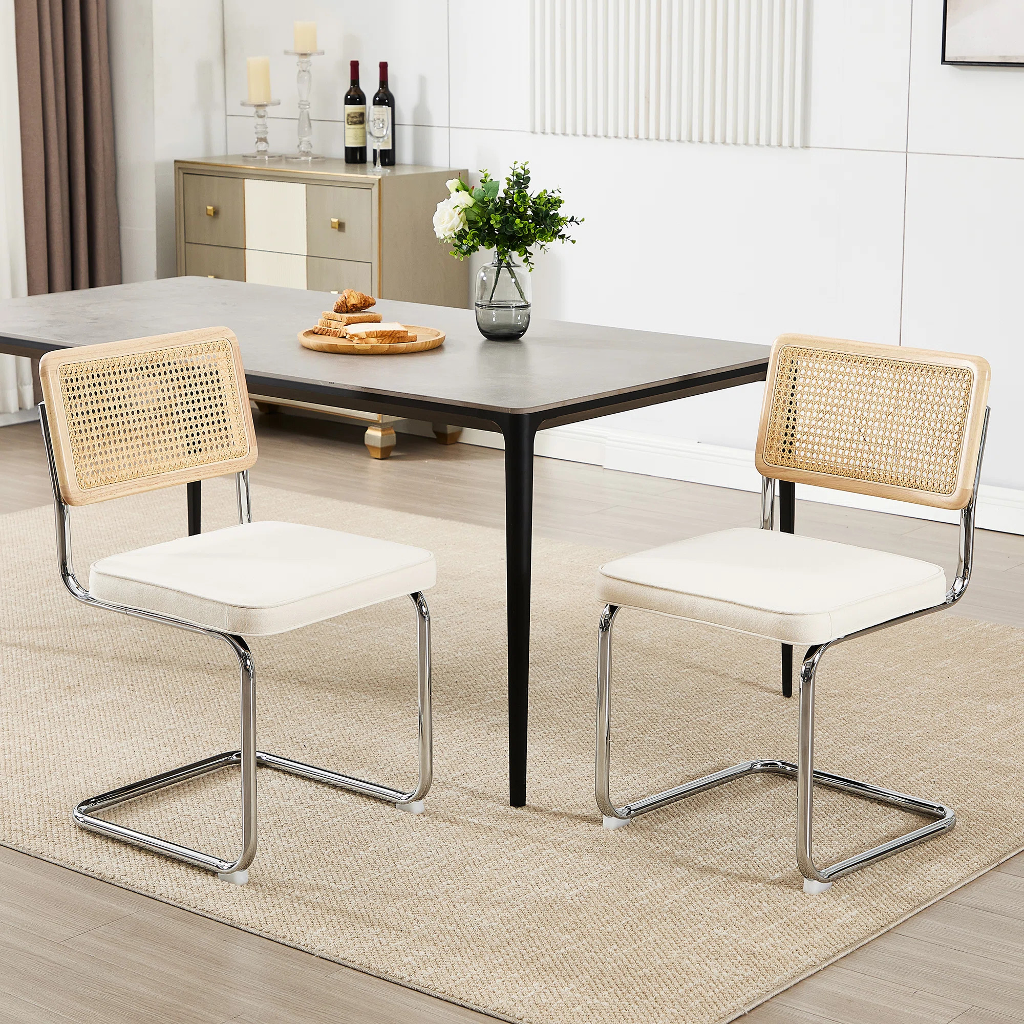 Crumley 18.8" H Upholstered Side Chair with Cane Rattan Back and Steel Frame (Set of 2) | Wayfair North America