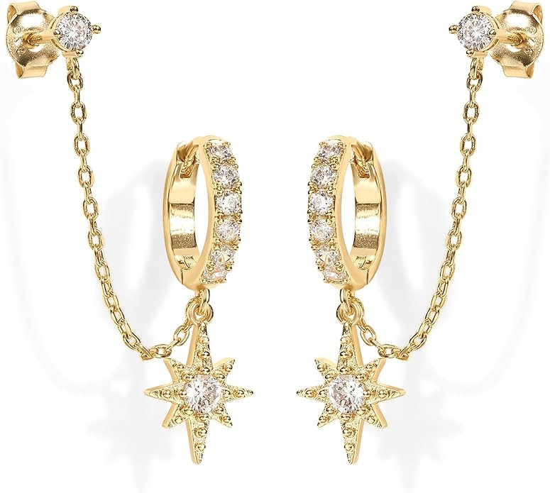 PAVOI 14K Gold Chain Earrings for Women | Double Piercing Dangle Chain Huggie Hoop Earrings | Cub... | Amazon (US)