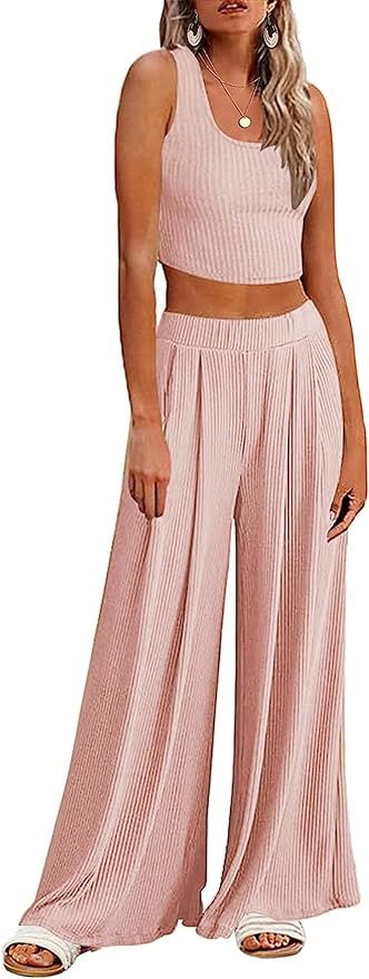 Ekouaer Women's Pajamas 2 Piece Lounge Sets Ribbed Knit Loungewear Sleeveless Tank Top Wide Leg P... | Amazon (US)