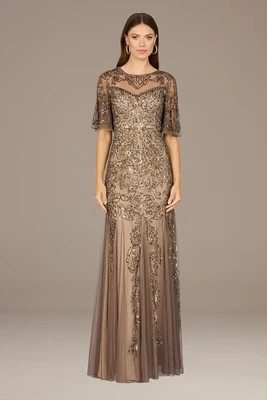Lara Beaded High Neck Dress with Cape Sleeves in Bronze | David's Bridal