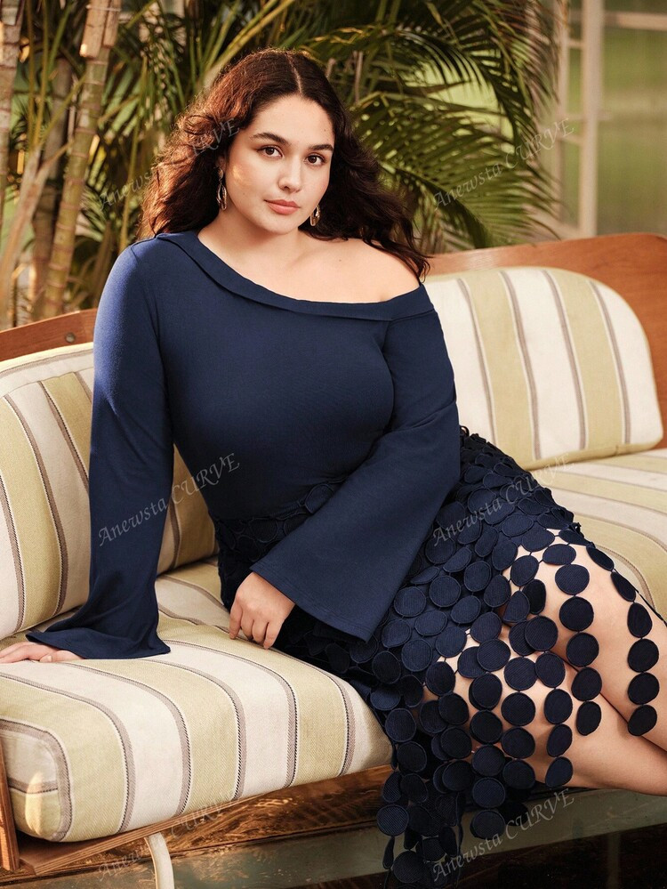 Anewsta Plus Size Women Vacation Dress Sexy Bodycon Asymmetrical Neck Hollow Out Fringe Long Sleeve Maxi Dress | SHEIN