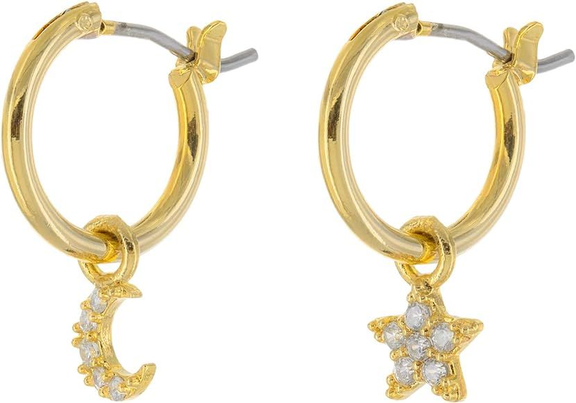 Rhodium Dipped Huggie Hoop Earrings - Moon, Star, CZ, and Lightning Bolt Charms | Amazon (US)
