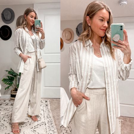 Striped linen button-down shirt with linen wide-leg pants. The perfect light & comfortable spring outfit!
My striped shirt is from GAP (last year) but now Old Navy has one so similar, and it is 40% off right now!

#LTKsalealert #LTKstyletip #LTKover40