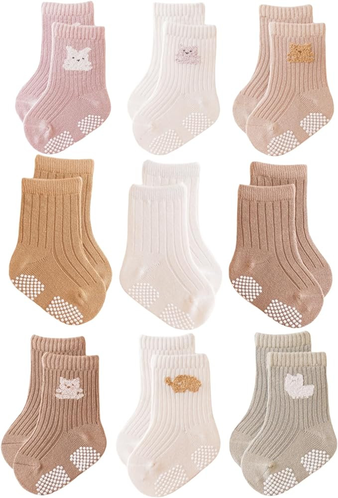 Baby Crew Socks,Grips Combed Cotton Socks Toddler Non-Skid for Girls,Boys Non Slip/Anti Skid 9-Pa... | Amazon (US)