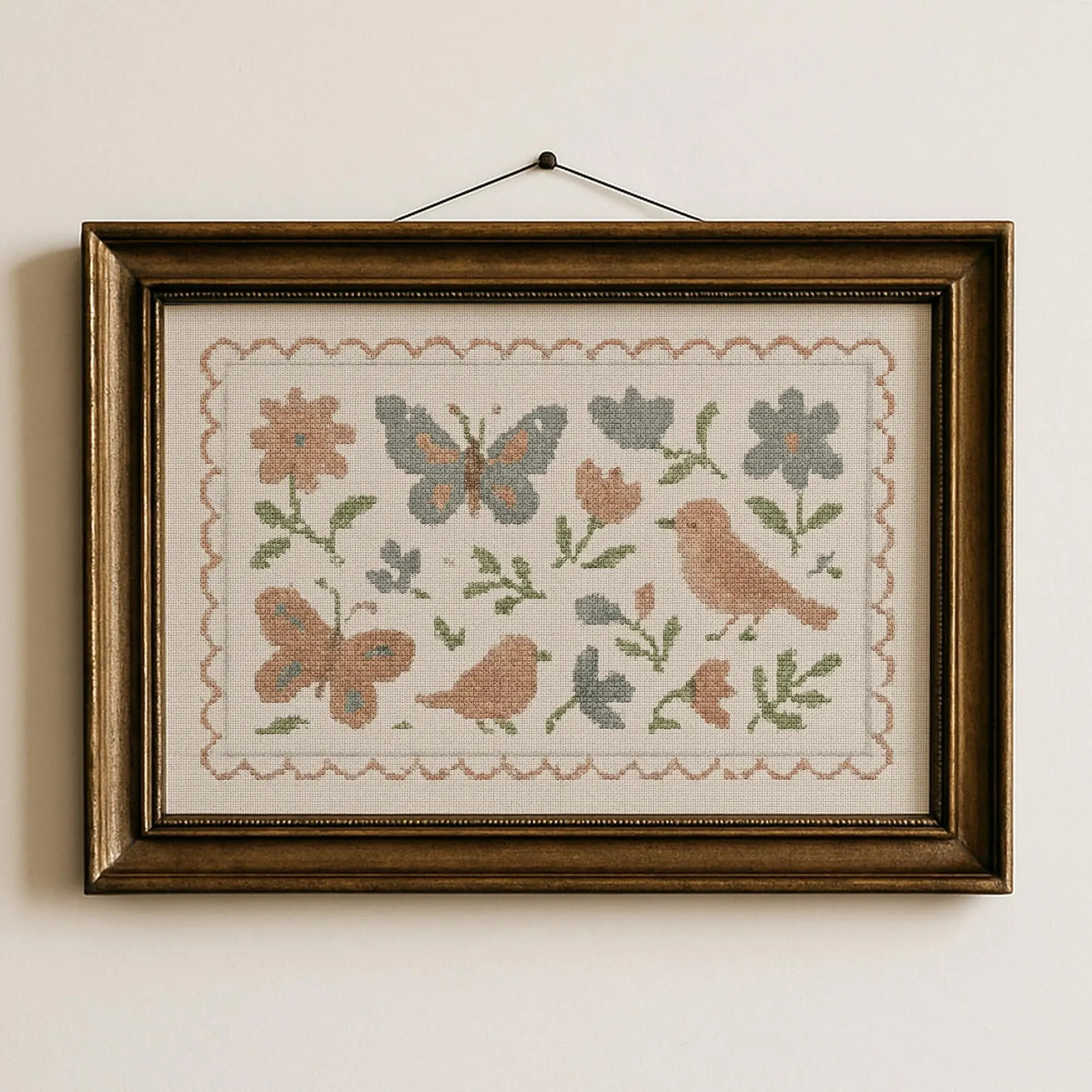 Vintage Cottagecore Cross Stitch Butterfly Bird Nursery Print Girl Room Wall Art Soft Pastel Flor... | Etsy (Global)