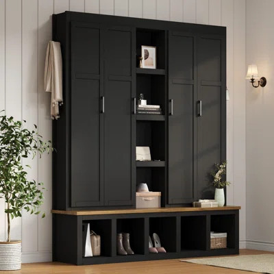 62.9"W Farmhouse 4-in-1 Hall Tree with 6 Hanging Hooks, Mudroom Wood Grain Bench with Open Compartments, Entryway Shoe Cabinet with Seating Bench for | Wayfair North America