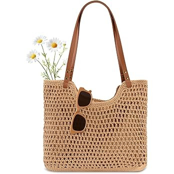 Peicees Crochet Beach Bag Purse, Boho Woven Tote with Leak-Proof Lining For Summer Vacation Trave... | Amazon (US)