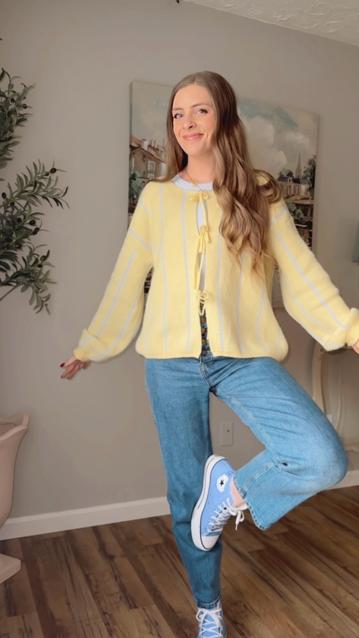 OOTD 2/10/25

Yellow striped cardigan sweater, pastel yellow, pastel blue, striped knit cardigan top, tie front bow sweater, spring color palette, women’s straight leg jeans, button fly jeans, high rise straight leg denim, everlane denim, tall girl friendly jeans, denim for tall girls, cornflower blue high top converse sneakers, platform converse lace up shoes, custom charm necklace, chunky jewelry, spring tones wardrobe, dopamine dressing, fun patterns, gold hoop earrings, affordable Amazon jewelry hoops, what I’m wearing for spring, spring wardrobe ideas, casual work outfits

#LTKMostLoved #LTKStyleTip #LTKFindsUnder50