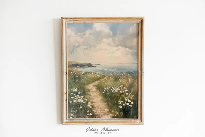 Coastal White Wildflower Painting, Summer Vintage Beach Farmhouse Digital Print, Moody Floral Lan... | Etsy (US)