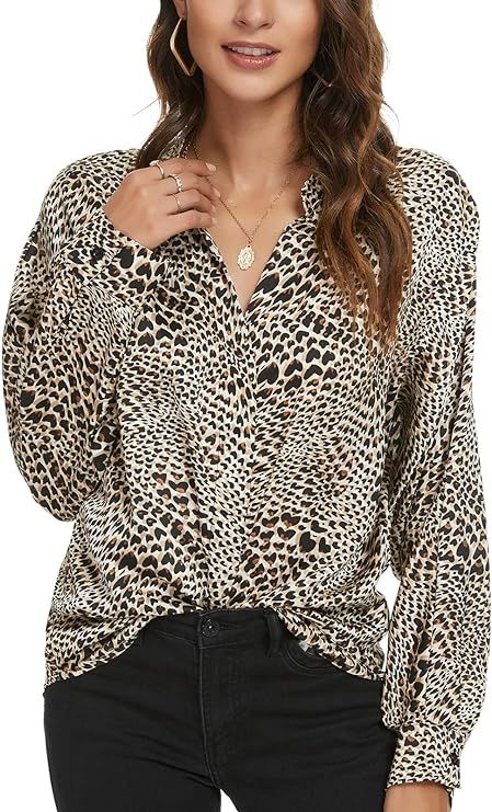 Tivanna Women Leopard Print Blouse Long Sleeve Shirt V Neck Tunic Casual Loose Top | Amazon (US)