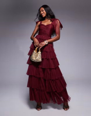 Lace & Beads bow shoulder tulle maxi dress in burgundy | ASOS (Global)