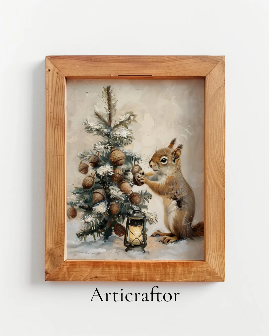 Whimsical Winter Squirrel, Snowy Pine Tree, Rustic Lantern, Acorn Ornaments, Cozy Holiday Scene, ... | Etsy (US)