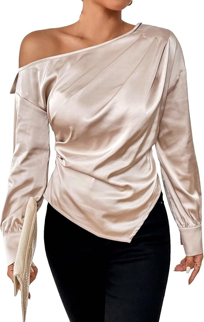 WDIRARA Women's One Shoulder Ruched Satin Blouse Fuzzy Cuff Flare Long Sleeve Fall Fashion Cockta... | Amazon (US)