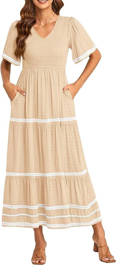 PRETTYGARDEN Women's Casual Summer Maxi Dress Short Sleeve Swiss Dot V Neck Smocked Long Flowy Be... | Amazon (US)