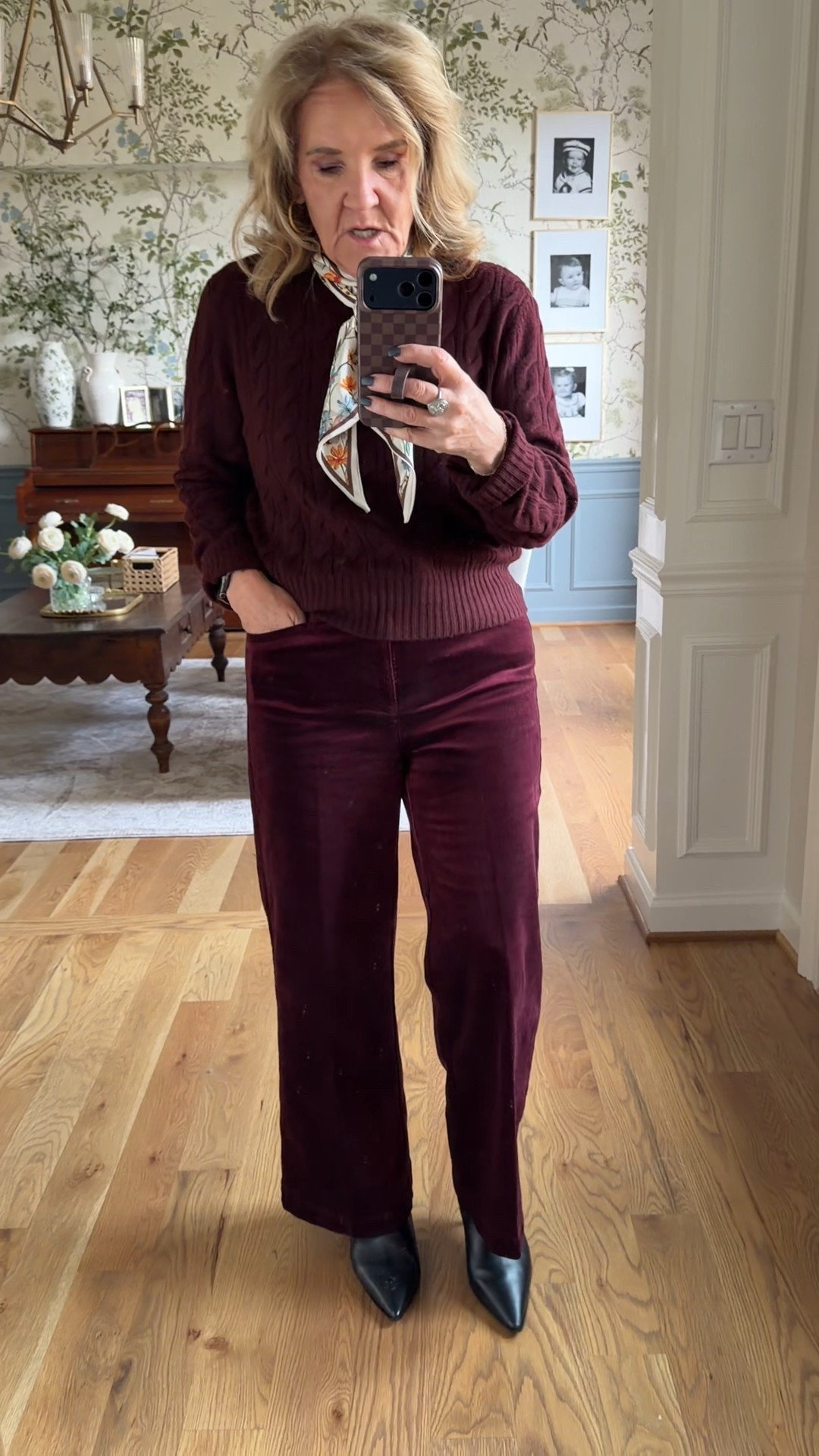 Paige velvet jeans size 29
Cashmere sweater I sized up to a large. 
Booties size up to 1/2 