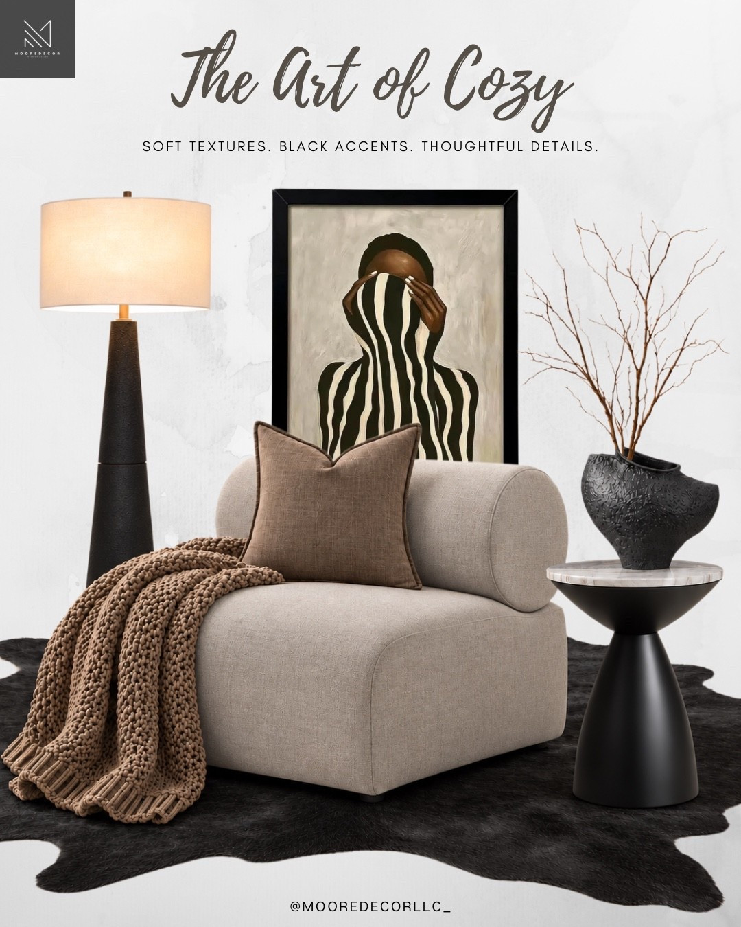 The Art of Cozy 🤎 Soft taupe layers, a textured knit throw, and sculptural black accents set the mood for this cozy corner. The statement artwork adds personality, while the black cowhide rug ties the whole look together.

I love a space that feels inviting and still has a little edge. Save this concept for inspiration and shop the linked pieces to create your own cozy corner.

#LTKHome