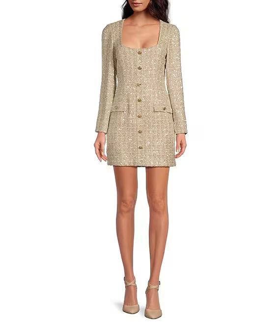 Lissy Novelty Sequin Tweed Scoop Neck Long Sleeve Front Button Sheath Dress | Dillard's