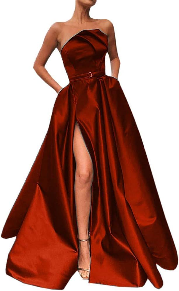Aiyue Yishen Women's Strapless Satin Prom Gown with Pockets Sleeveless High Slit Evening Dress | Amazon (US)