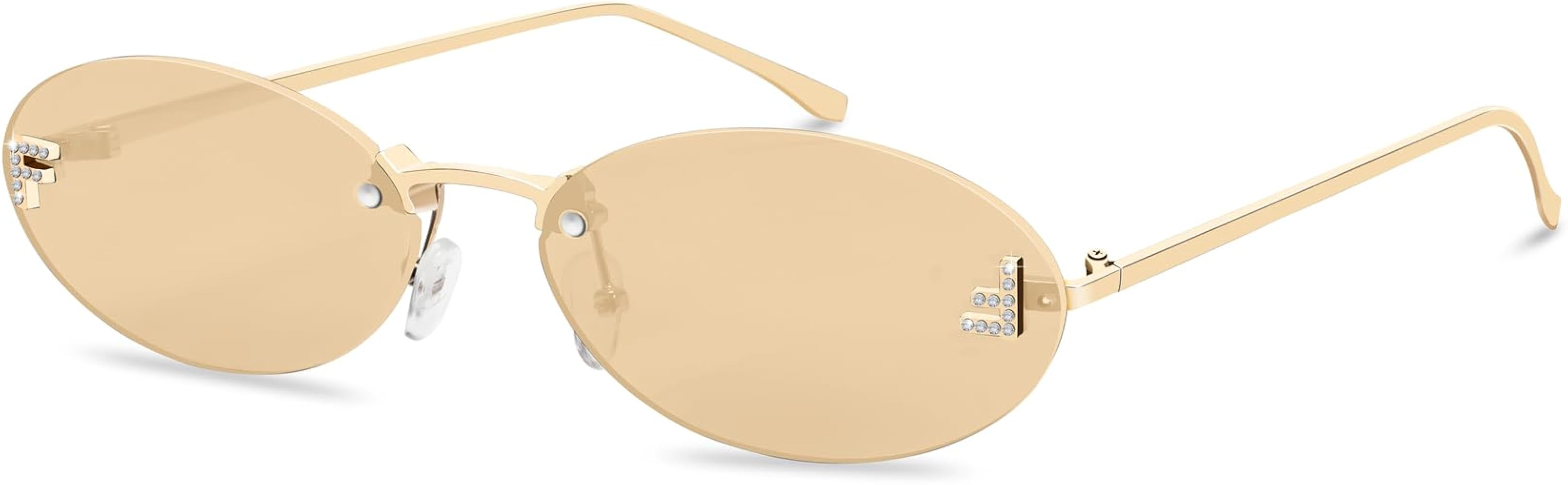 Retro Oval Y2K Sunglasses for Women Men, 2025 Trendy Chic Narrow Gold Metal 90s Sun Glasses Small... | Amazon (US)