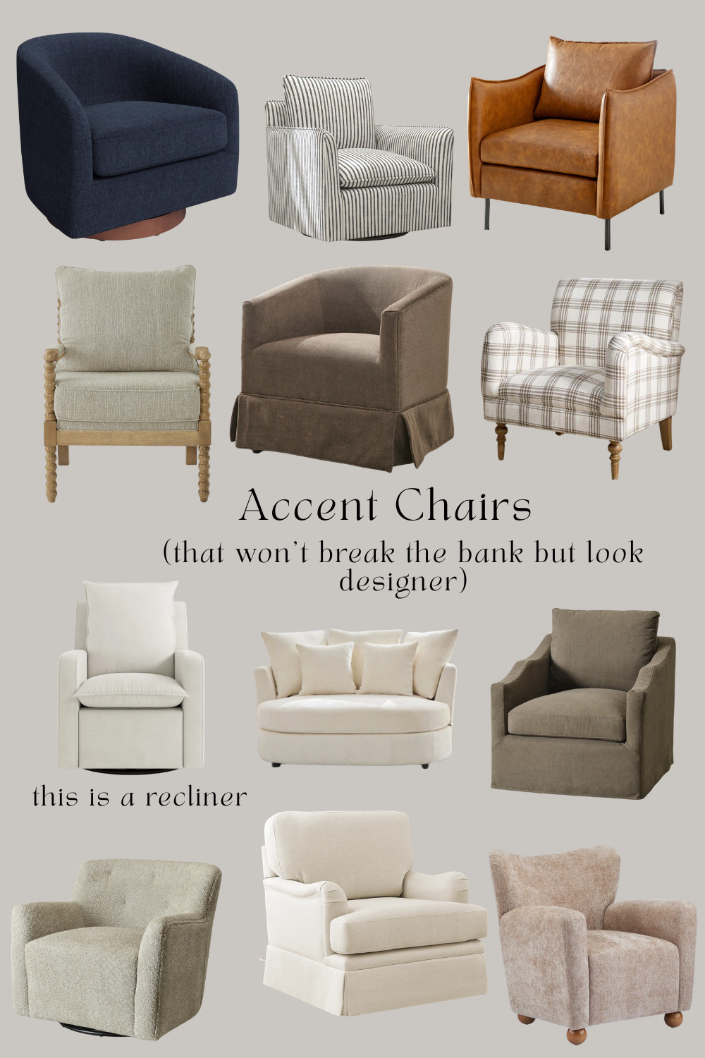 Gorgeous accent chairs that won't break the bank but still look high end. Love these chairs and I cannot believe the one is a recliner! These are all so affordable.

Barrel accent chair, recliner, leather accent chair, swivel chair, living room, family room 

 #LTKHome #LTKSaleAlert