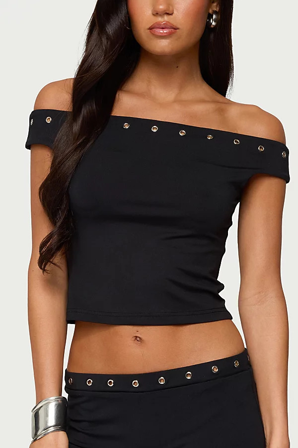 Edikted Neriah Grommet Off Shoulder Top in Black, Women's at Urban Outfitters | Urban Outfitters (US and RoW)