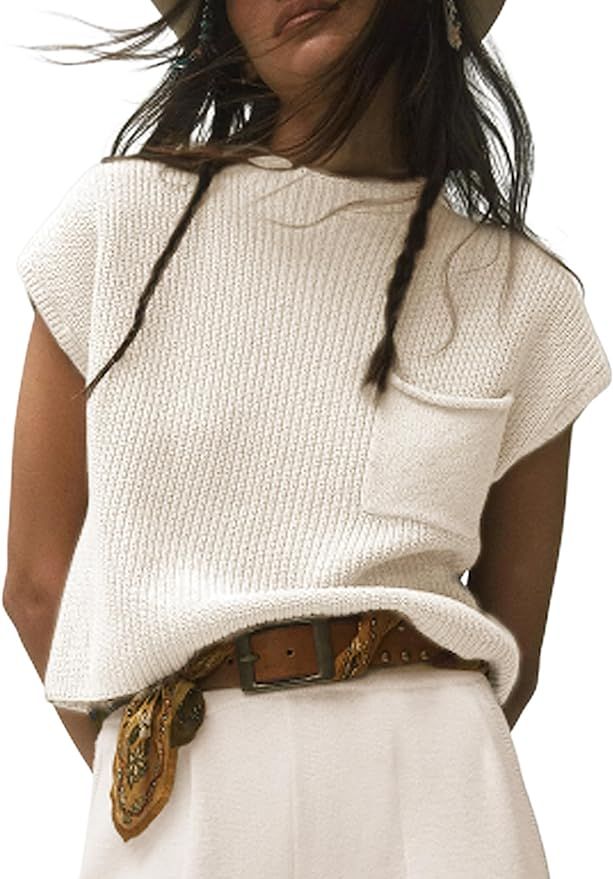 Himosyber Women's Solid Sleeveless Vest Mock Neck Cap Sleeve Knitwear Sweater Tops | Amazon (US)