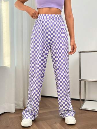 SHEIN Qutie Checker Print Straight Leg Pants | SHEIN