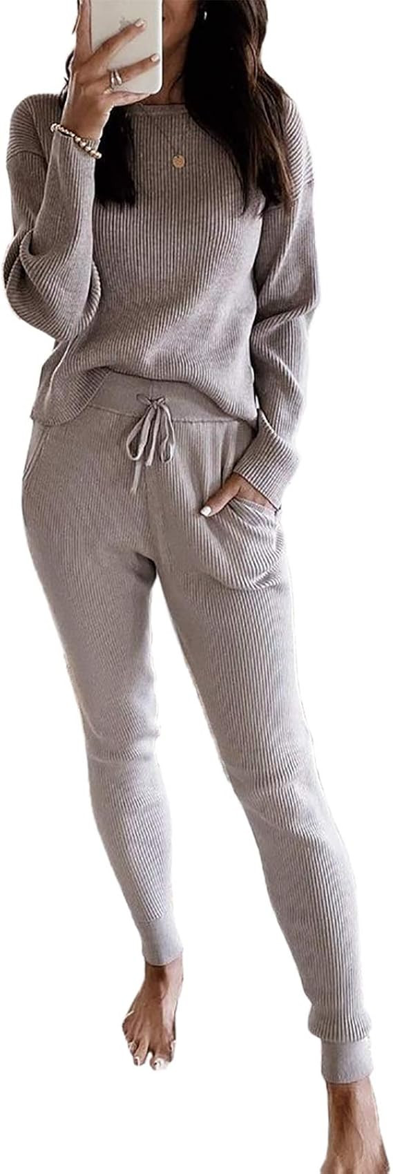 Eurivicy Women's Fall Rib Knit 2 Piece Outfit sets Long Sleeve Pullover Sweater Top and Drawstrin... | Amazon (US)