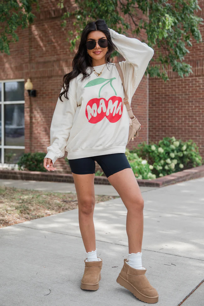 Mama Cherry Cream Oversized Graphic Sweatshirt | Pink Lily