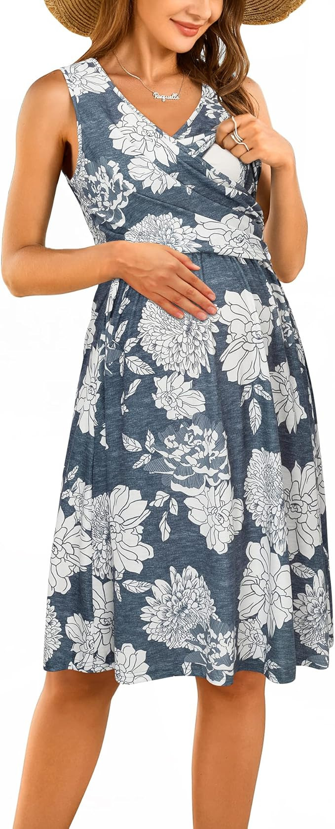 OUGES Womens V-Neck Sleeveless Summer Floral Maternity Dresses Nursing Gown Breastfeeding Dress | Amazon (US)