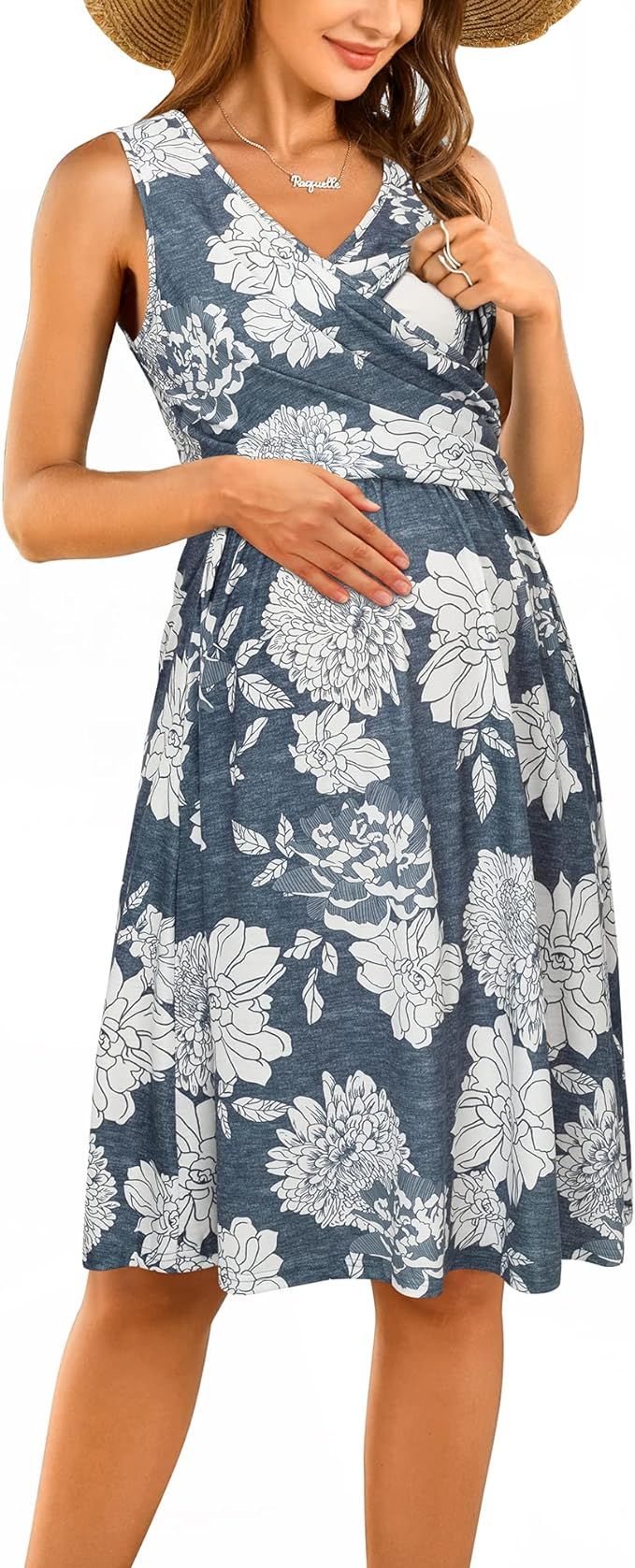 OUGES Womens V-Neck Sleeveless Summer Floral Maternity Dresses Nursing Gown Breastfeeding Dress | Amazon (US)
