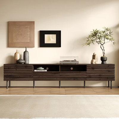 78" TV Stand for TVs up to 85", TV Console Media Console Brown TV Cabinet Media Entertainment Center with Slatted Soft-close Door - ModernLuxe | Target