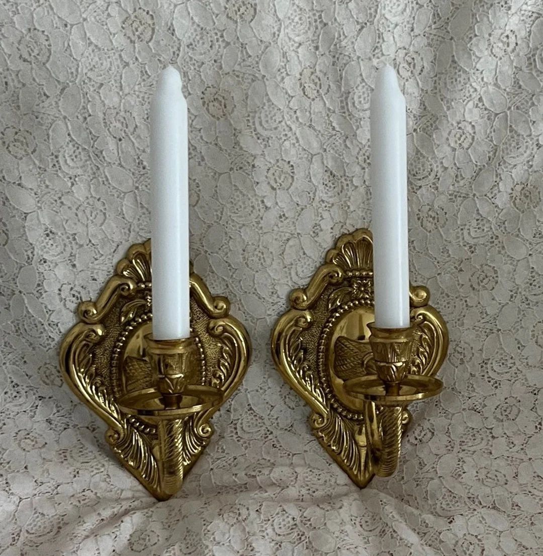 Pair of Small Vintage Brass Candle Sconces, Lovely Ornate Details | Etsy (US)